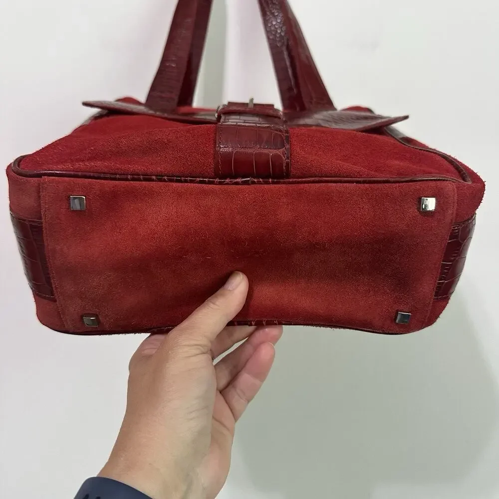 Levenger Suede Leather Shoulder Bag Tote Buckle Red Square Holiday Top Zip Purse